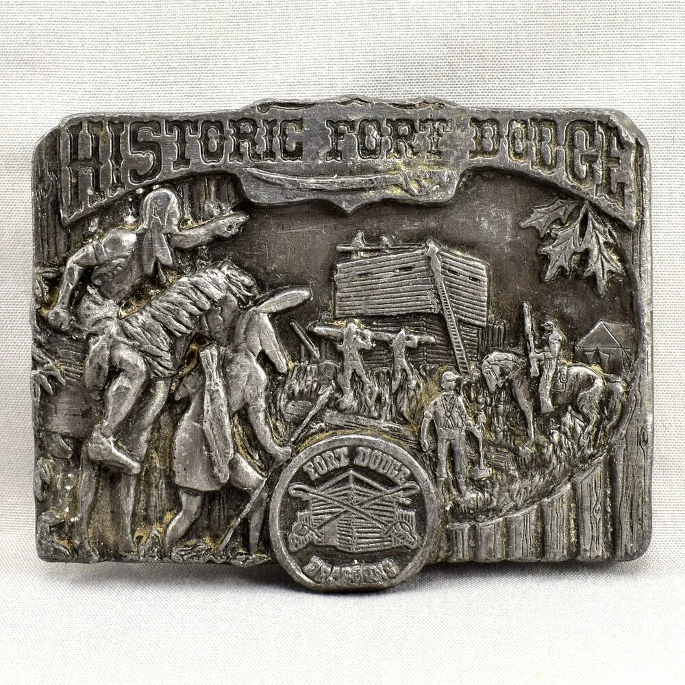 Vintage Belt Buckle 1985 Historic Fort Dodge Dragoons USA Made Silver‎ Color